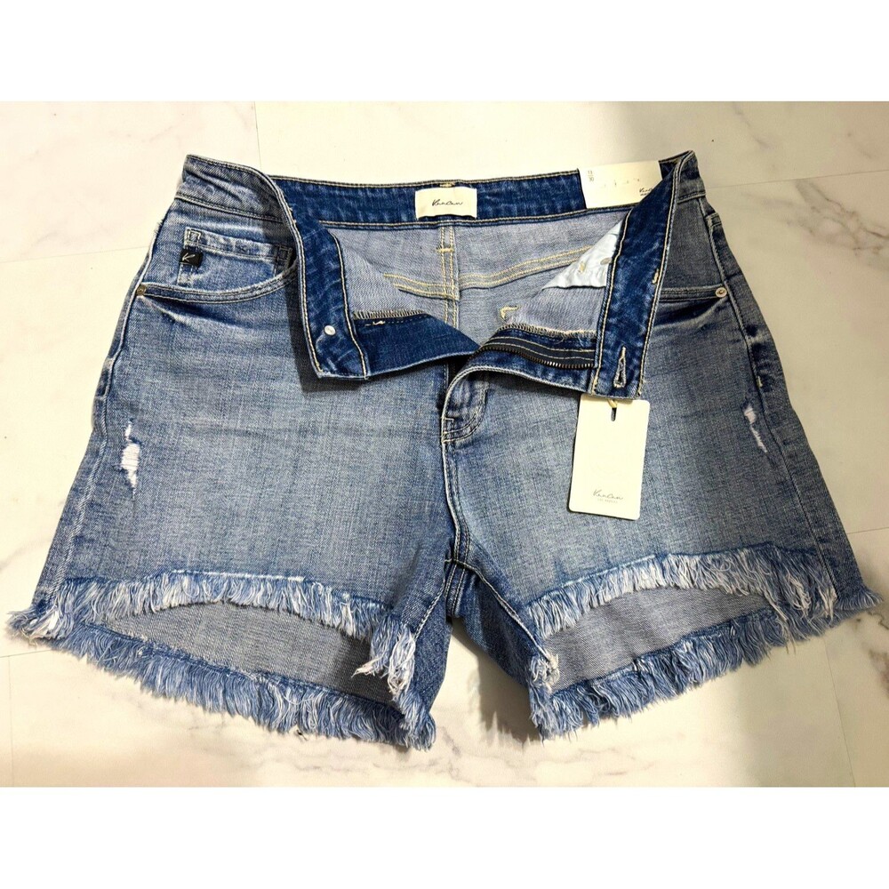 KanCan Women’s Blue Denim Cutoff Fringe Hem Shorts Size 12 Mid Rise